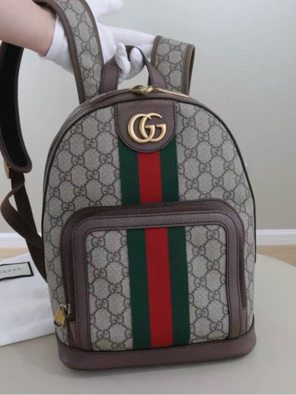 Gucci Brown GG Supreme Backpack with Green-Red Web and Gold Hardware
